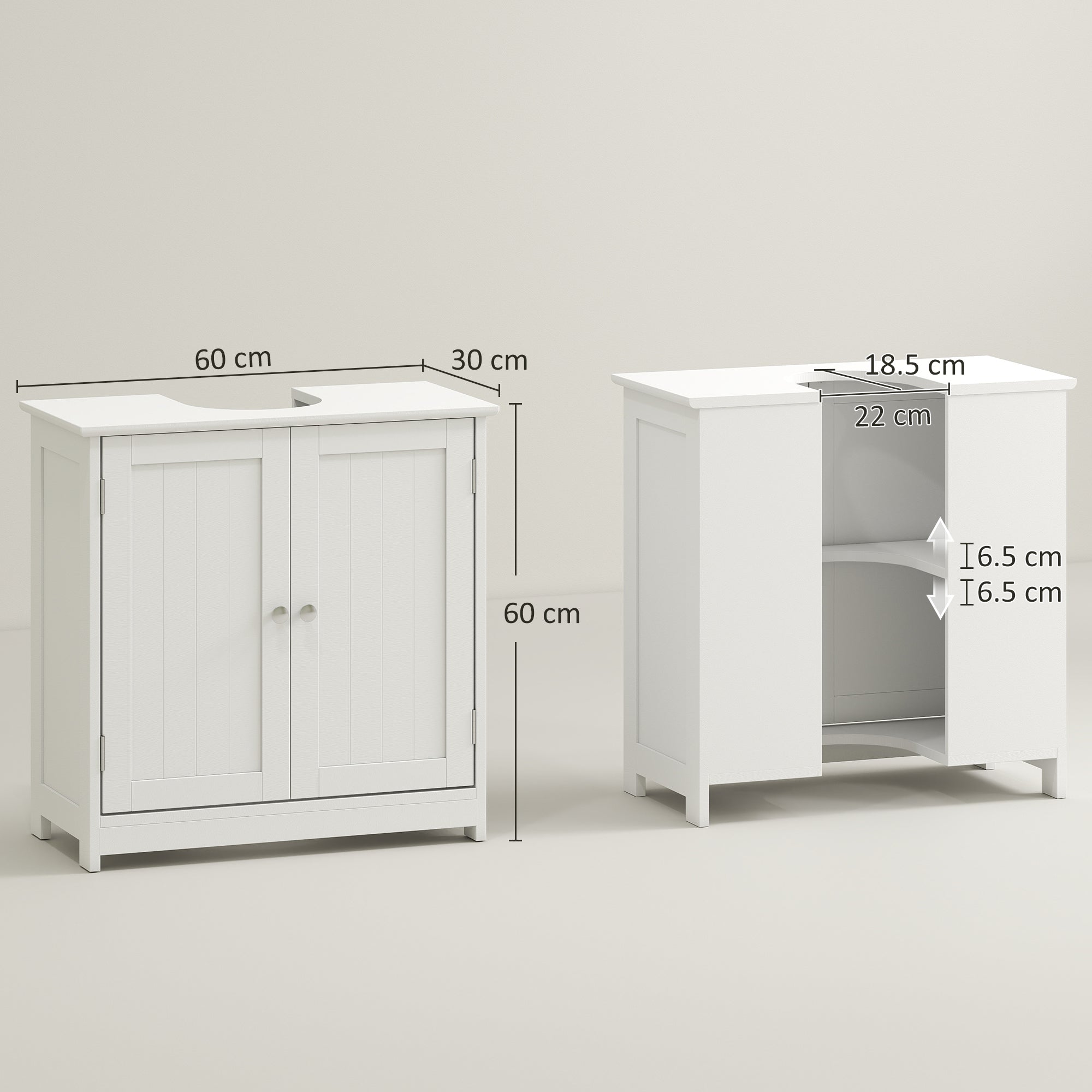 kleankin 60x60cm Under-Sink Storage Cabinet w/ Adjustable Shelf Handles Drain Hole Bathroom Cabinet Space Saver Organizer White